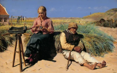 Figurer i et landskab. Blinde Kristian og Tine blandt klitterne